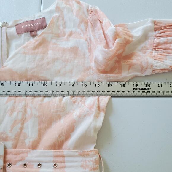 JESSAKAE Dress Womens Small Pink White Belted Tiered Maxi V Neck Toile Print - Picture 8 of 13